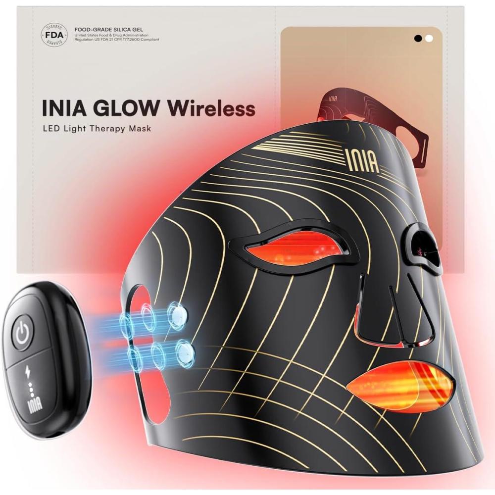 image:imageINIA Red Light Therapy Mask for Face Glow Wireless LED Face Mask Light Therapy with NearInfrared Red Light NIR Rechargeable and Ergonomic Design for Home amp TravelBlack