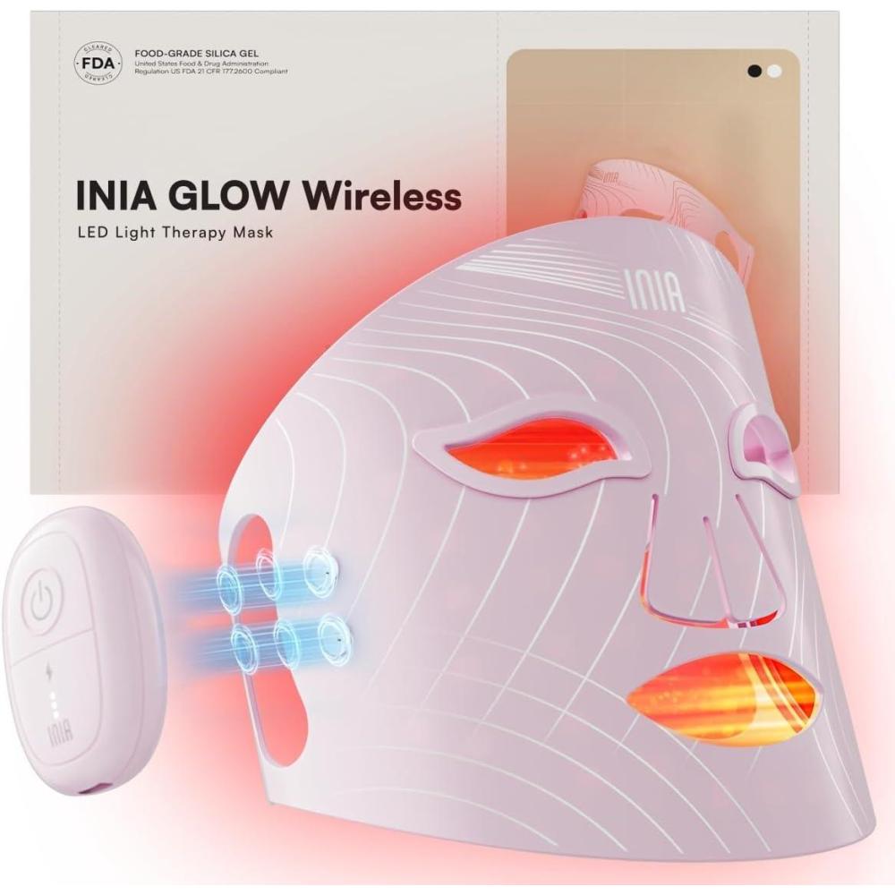 image:imageINIA Red Light Therapy Mask for Face Glow Wireless LED Face Mask Light Therapy with NearInfrared Red Light NIR Rechargeable and Ergonomic Design for Home amp TravelPink
