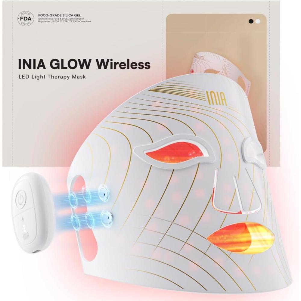 image:imageINIA Red Light Therapy Mask for Face Glow Wireless LED Face Mask Light Therapy with NearInfrared Red Light NIR Rechargeable and Ergonomic Design for Home amp TravelWhite