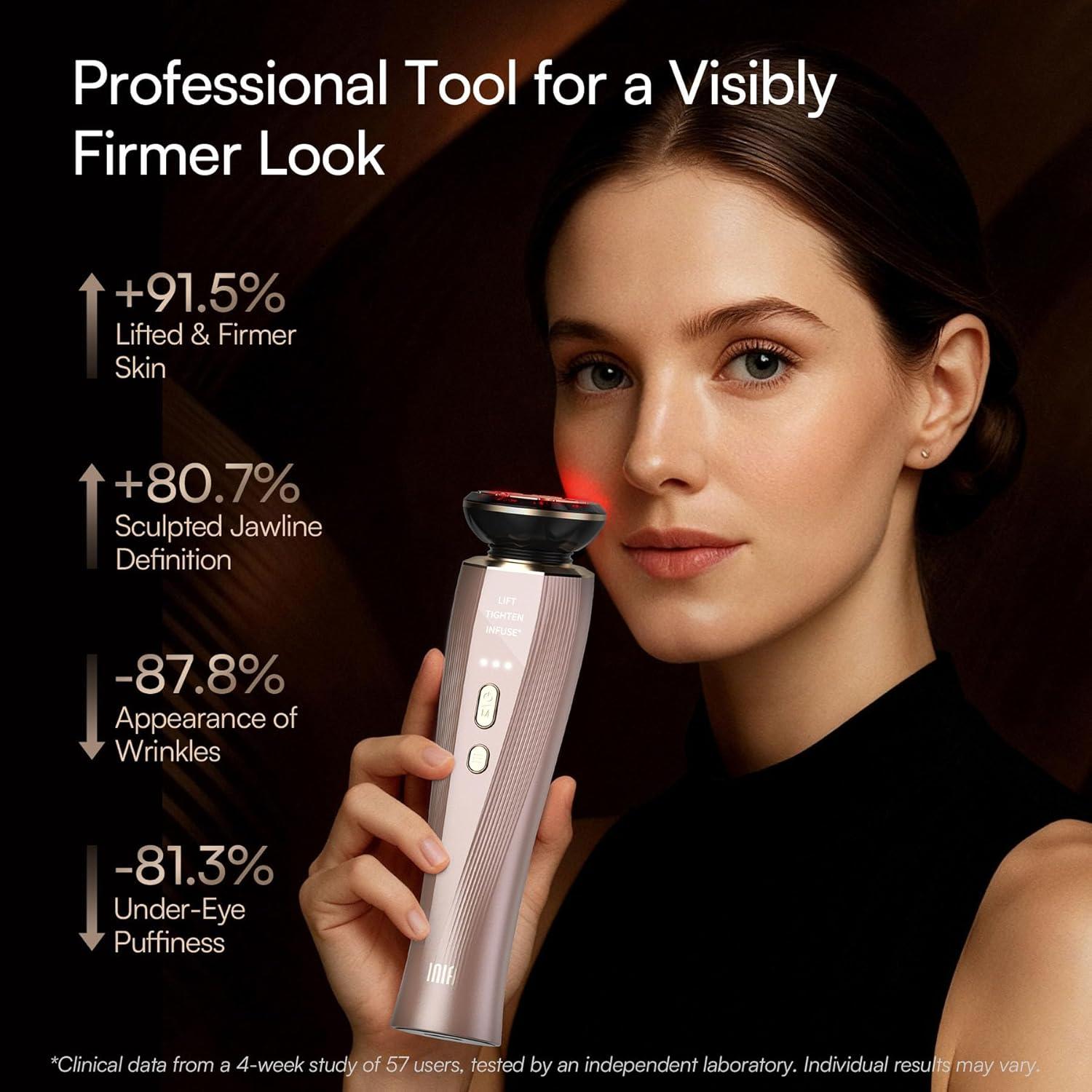 image:imageINIA Flare 3in1 Microcurrent Facial Device Red Light Therapy for Face and Neck Massager Tool with Heat amp Vibration for Skincare Puffiness Firming SmoothingRose Champagne