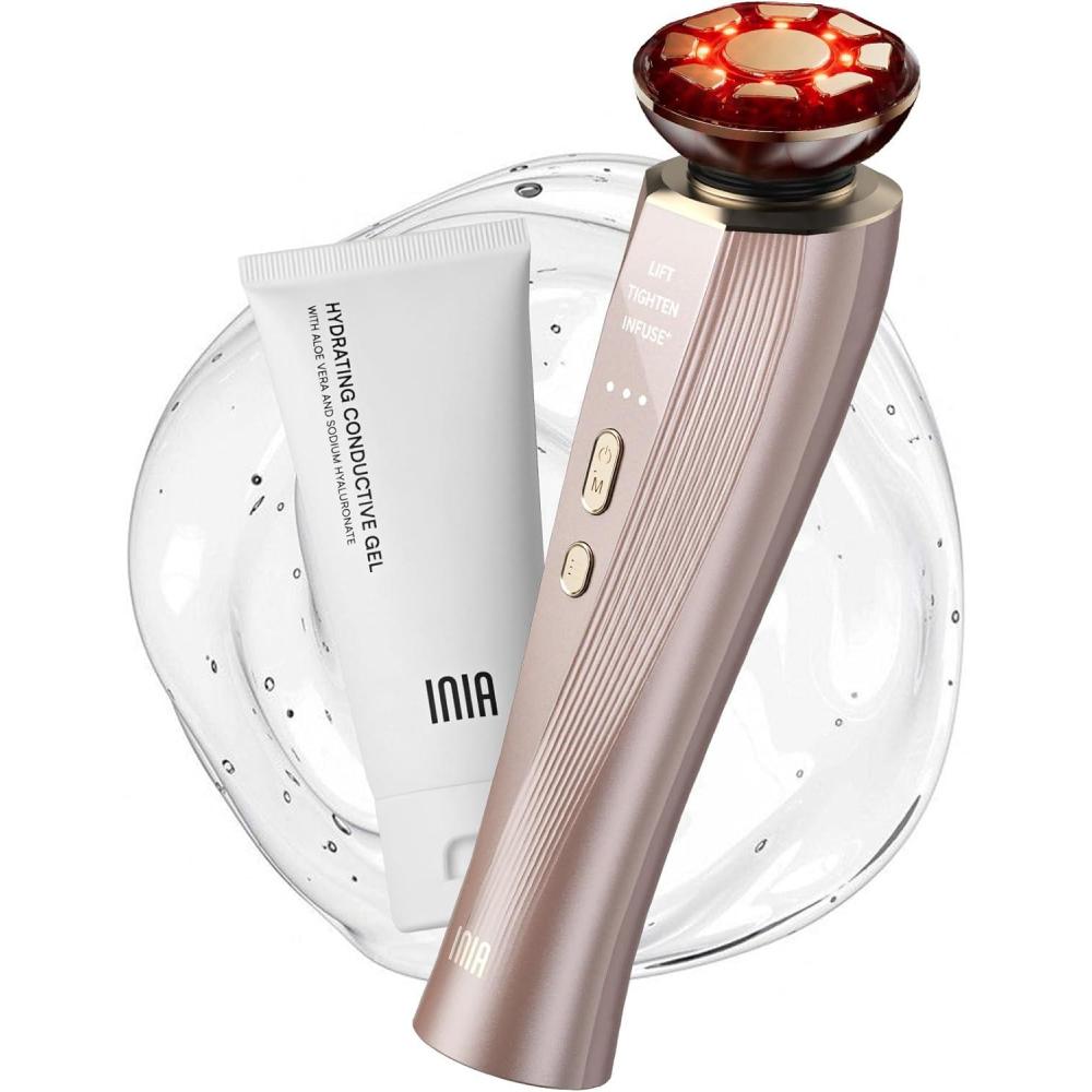 image:imageINIA Flare 3in1 Microcurrent Facial Device Red Light Therapy for Face and Neck Massager Tool with Heat amp Vibration for Skincare Puffiness Firming SmoothingRose Champagne