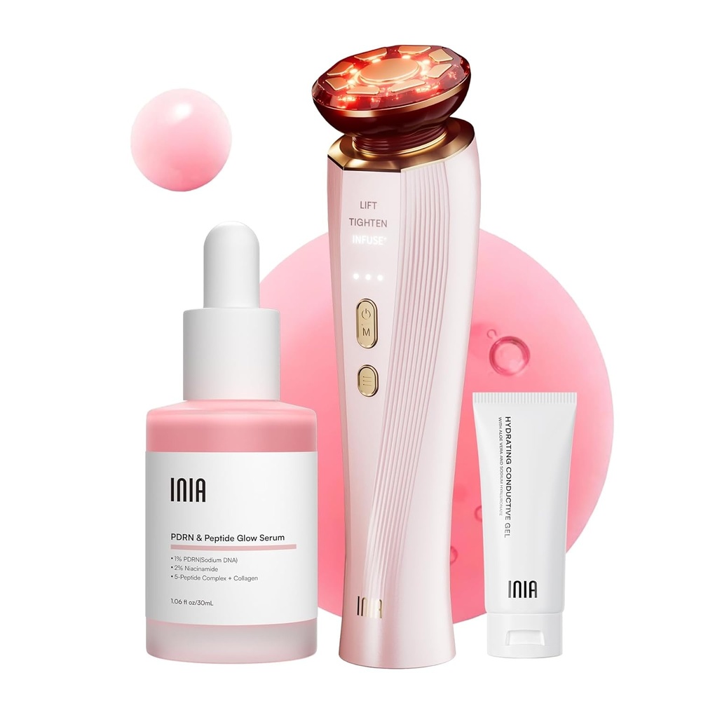 image:imageINIA Flare 3in1 Microcurrent Facial Device Red Light Therapy for Face and Neck Massager Tool with Heat amp Vibration for Skincare Puffiness Firming SmoothingPink